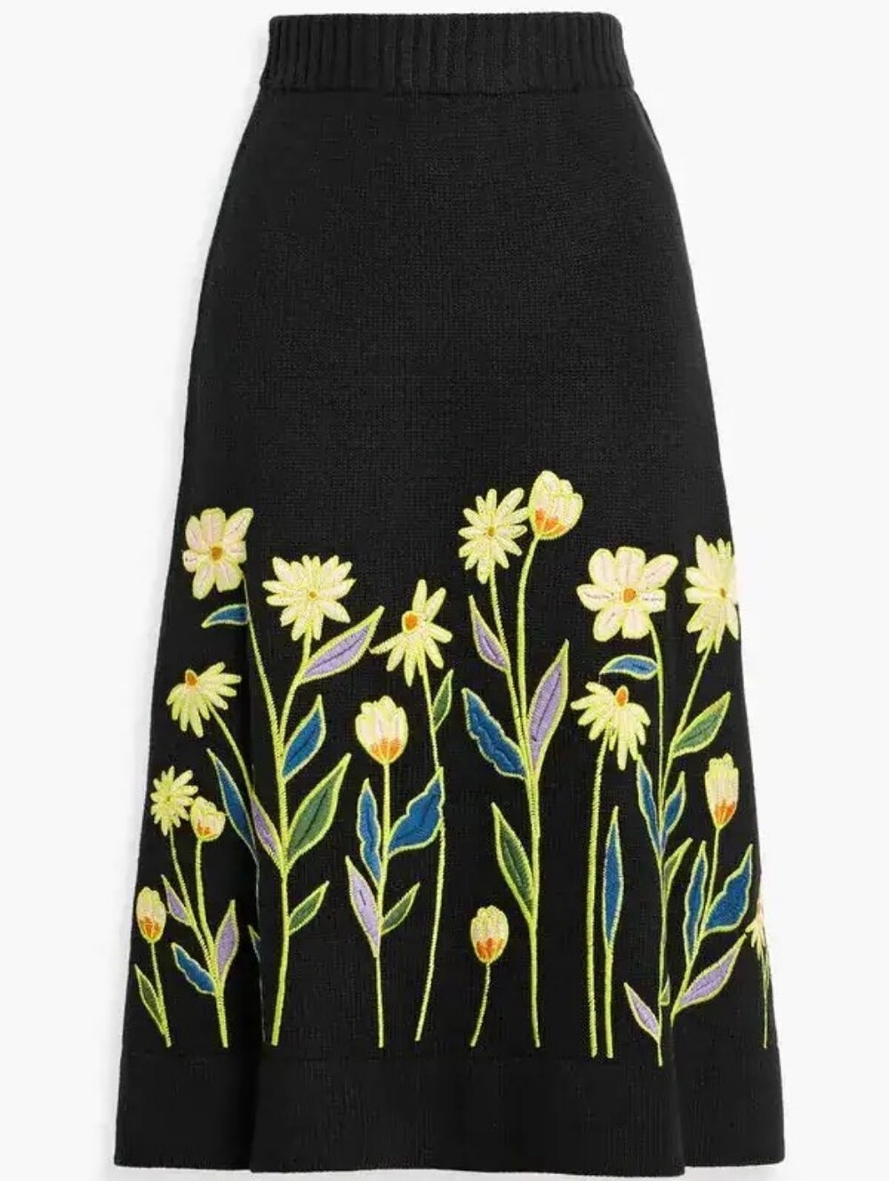 Farm Rio Black Floral Embroidered Knit Midi Skirt